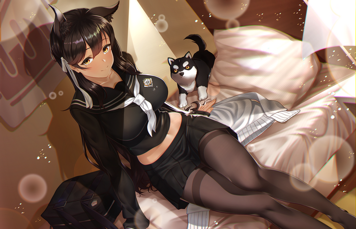 Atago from Azur Lane with a dog on a bed