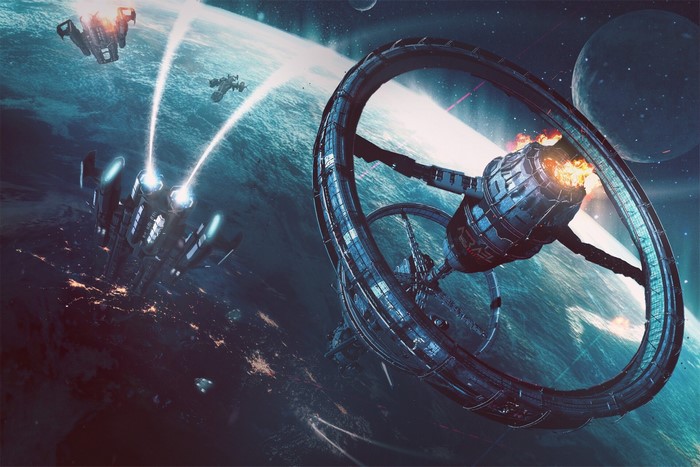 Spaceships battle near a space station orbiting a planet