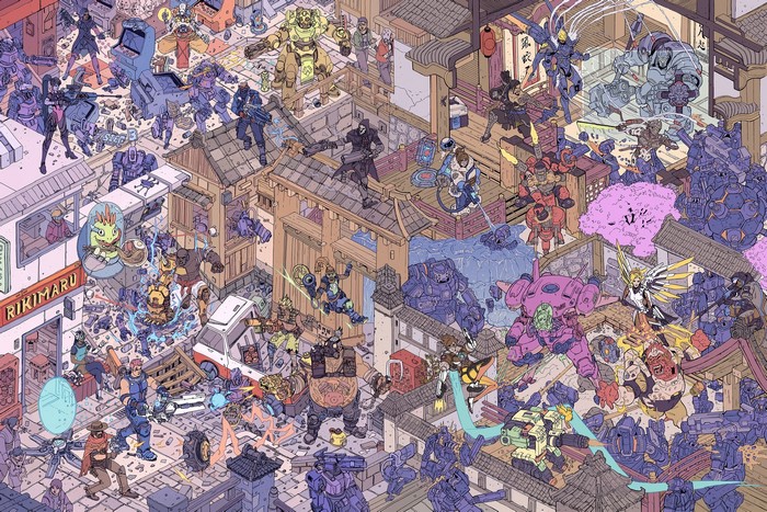 Overwatch characters in Hanamura by Josan Gonzalez