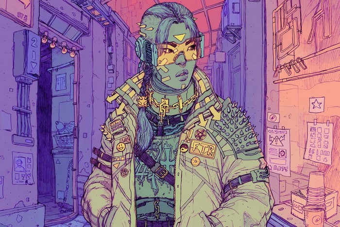 Cyberpunk artwork of a person in a futuristic city