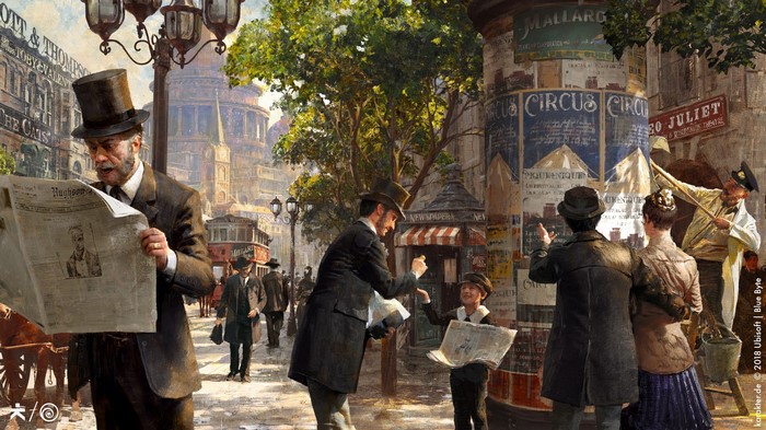 Victorian Street Scene with People Reading Newspapers