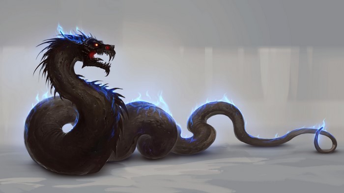Dark dragon with blue flames and glowing red eyes