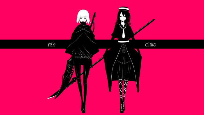 Two anime girls with weapons on a pink background