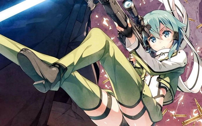 Asada Shino from Sword Art Online holding a sniper rifle