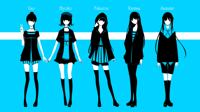 meganekko, skirt, cyan, cyan background, long hair, dress, thigh-highs ...