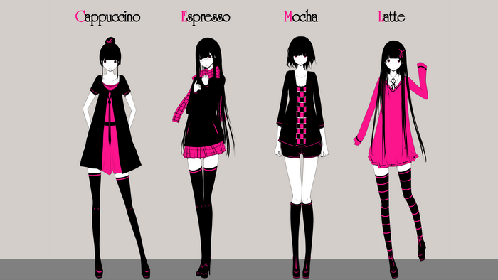 Four anime girls named Cappuccino, Espresso, Mocha, and Latte