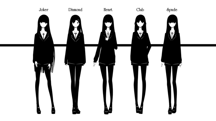 Five anime girls in suits labeled Joker, Diamond, Heart, Club, Spade
