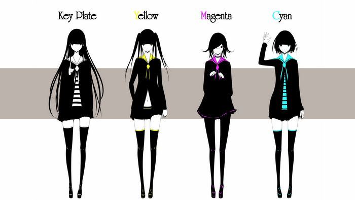 Four anime girls in black dresses with colored accents