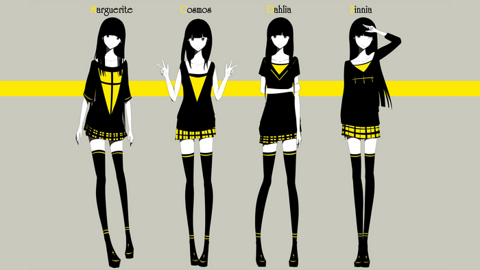 Four anime girls in black and yellow outfits
