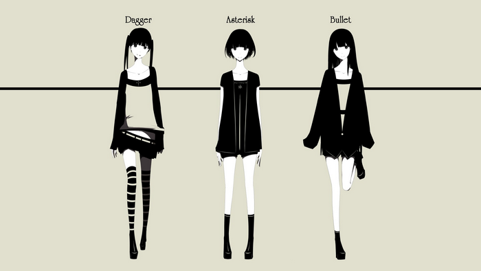 Three anime girls with different hairstyles and outfits