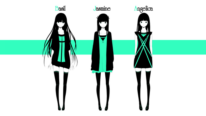 Three anime girls named Basil, Jasmine, and Angelica