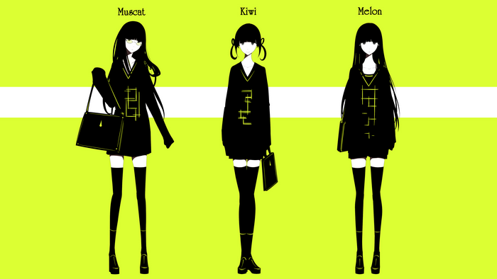 Three anime girls with different hairstyles and outfits