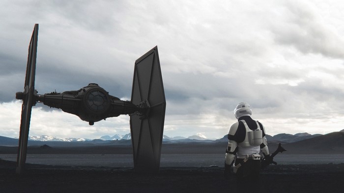 Stormtrooper and TIE Fighter on a desolate planet from Star Wars