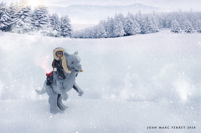 Han Solo riding a Tauntaun in a snowy landscape
