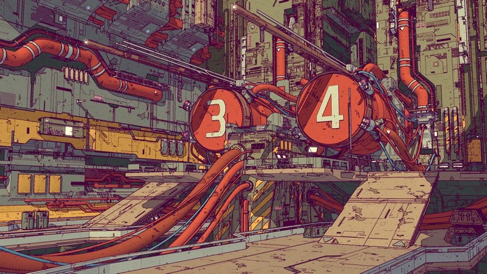 Science fiction industrial artwork with pipes and numbers 3 and 4