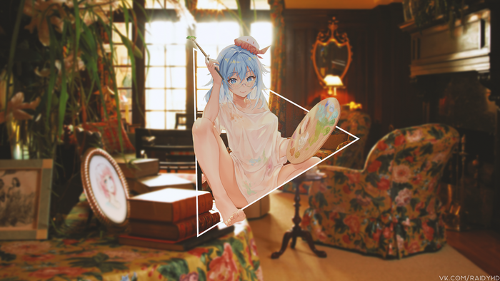 Anime girl with blue hair painting in a room