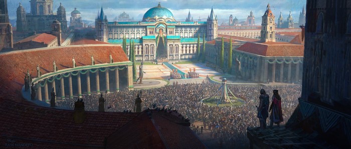Fantasy city with a large crowd and palace