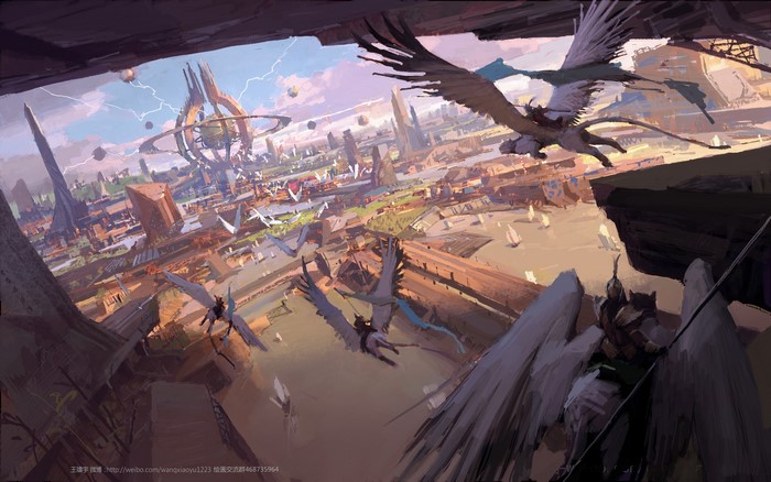 Fantasy city with flying creatures and futuristic architecture