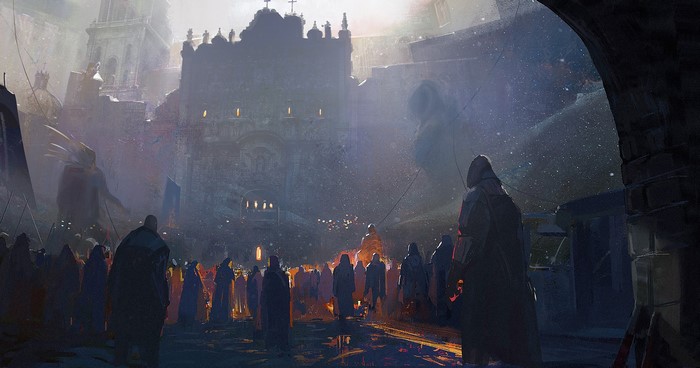 Fantasy art of a crowd before a large temple