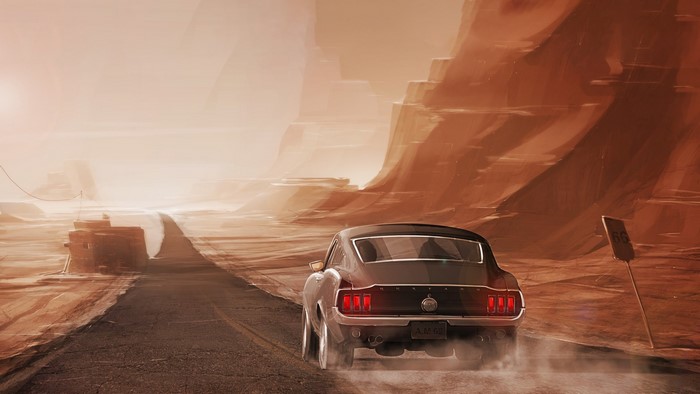 Ford Mustang driving on a desert road
