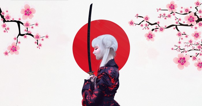 Woman with sword and Japanese flag