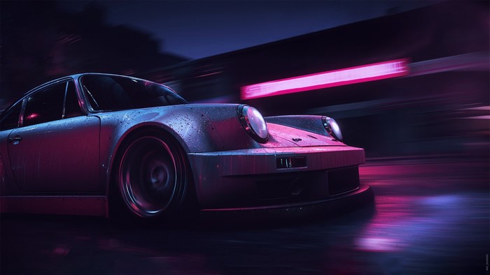Porsche 911 on a wet road with neon lights
