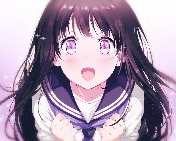 Chitanda Eru with Purple Eyes and Open Mouth