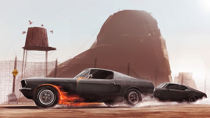 Black Ford Mustang cars racing in a desert landscape