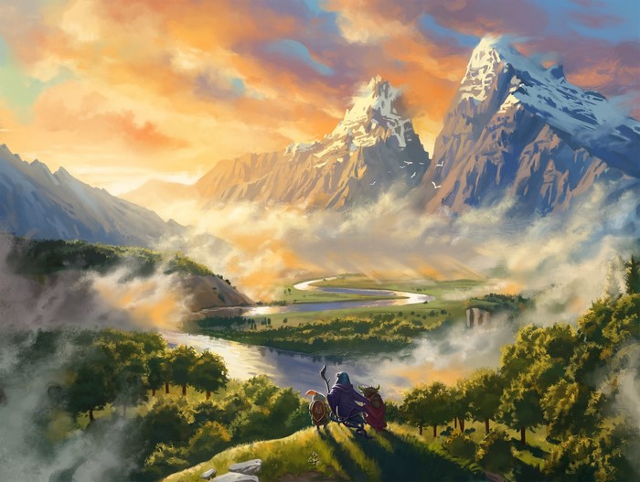 Fantasy landscape with mountains and travelers