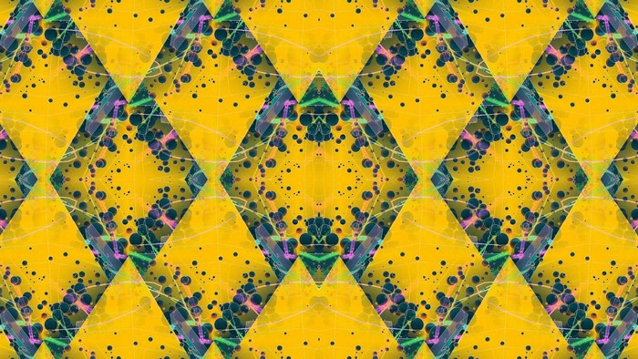 Abstract yellow diamond pattern with dark circles and lines