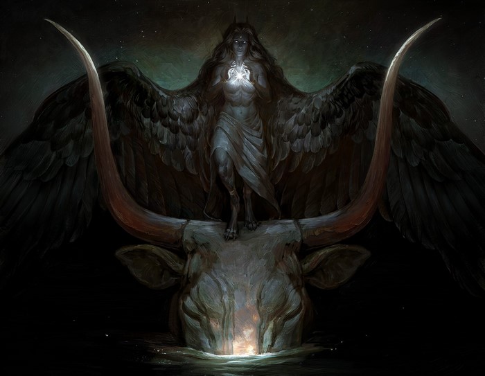 Winged demon standing on a buffalo