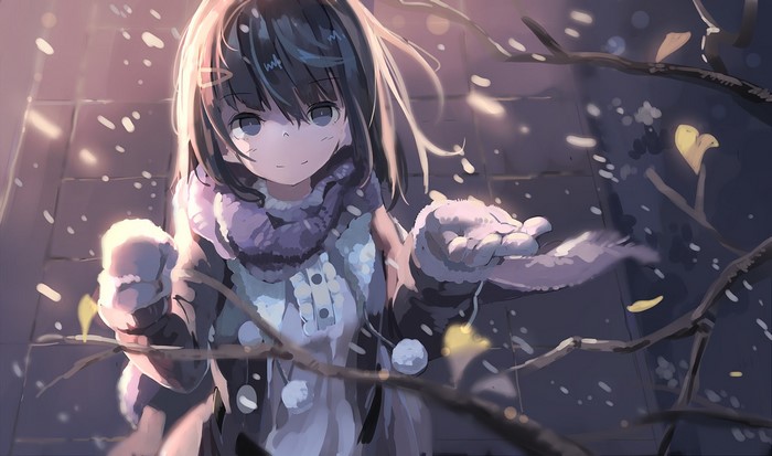 Anime girl in snow with twigs