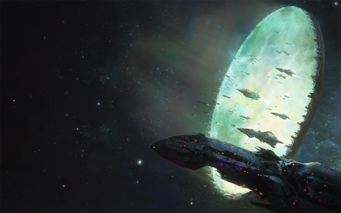 Spaceships approaching a Stargate in Deep Space