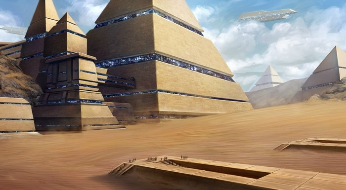 Science fiction pyramids on a desert planet with spaceships