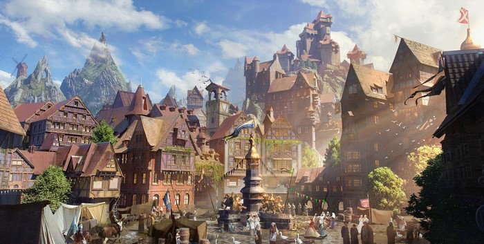 Fantasy city with mountains and windmills