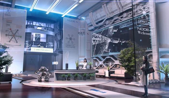Futuristic space station lobby with robot and receptionist
