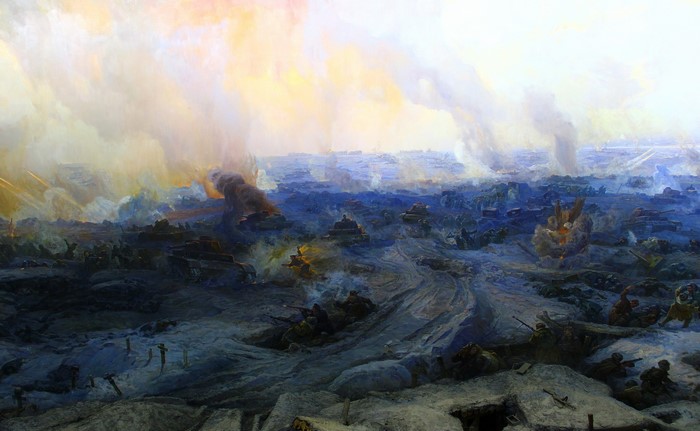 Artwork depicting a World War II battle scene with tanks and soldiers