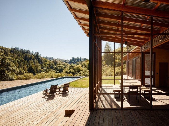 Modern house with swimming pool and forest view