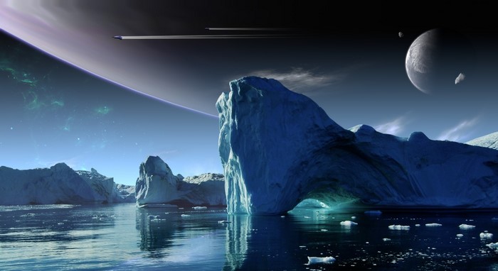 Spaceship near icebergs and planet in space