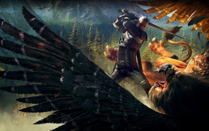 Geralt of Rivia fighting a Griffin in The Witcher 3