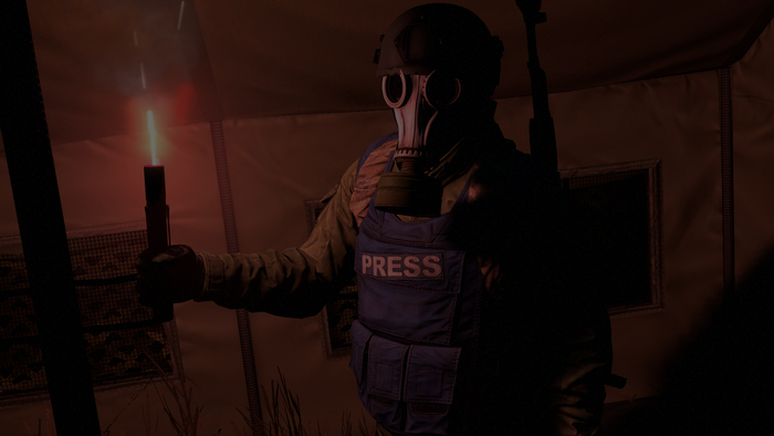 Press member in gas mask holding flare in tent