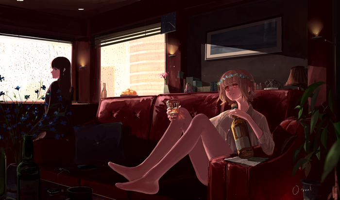 Two anime girls in a room with drinks