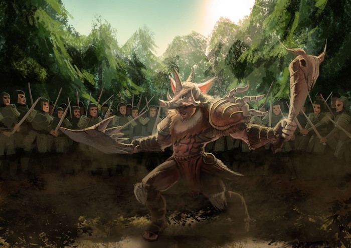 Boar warrior with club and shield facing soldiers in forest