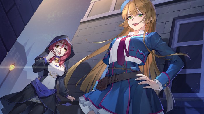 Two anime girls in a city street at dusk