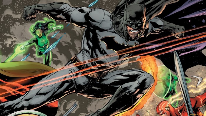 Batman, Green Lantern, and Flash in a comic art battle