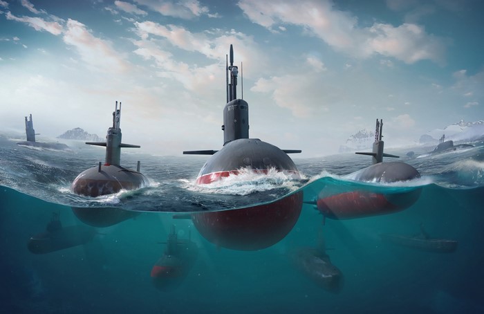 Multiple submarines in the ocean with snowy mountains in the background
