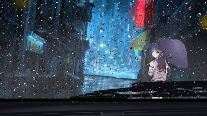 Anime girl with umbrella in rainy city at night
