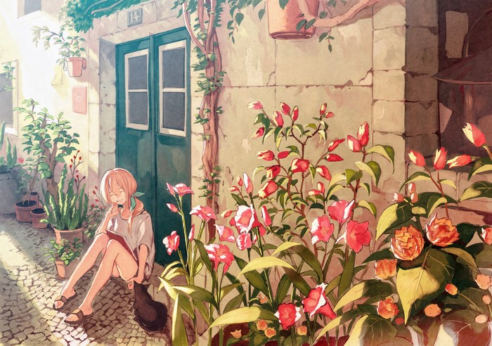 Anime girl sitting with flowers and cat