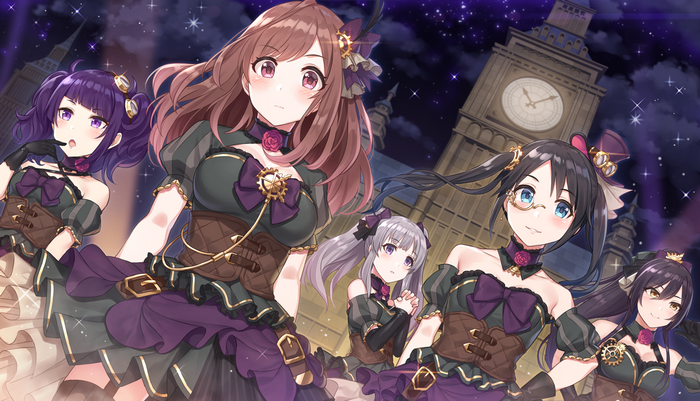 Anime girls in steampunk outfits in front of Big Ben