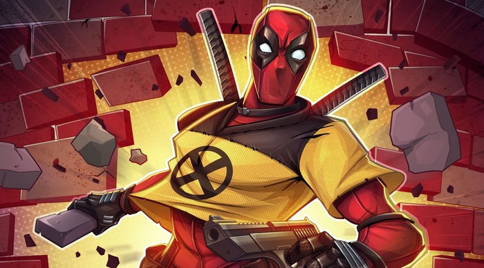 Deadpool with gun breaking through brick wall